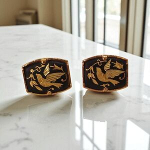 Vintage Damascene Sparrow Bird Pierced Earrings Black & Gold Tone